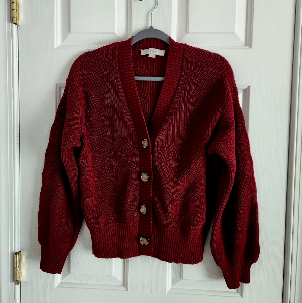 LOFT Deep Cherry Red Button Up Cardigan Sweater